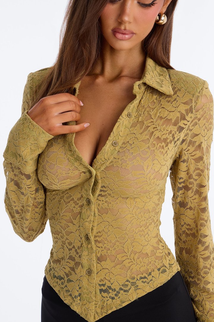 Lian Lace Padded Long Sleeve Button Up Shirt - Olive