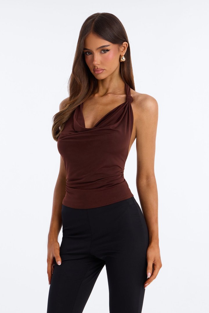 Golden Hour Cowl Neck Knot Halter Top - Brown