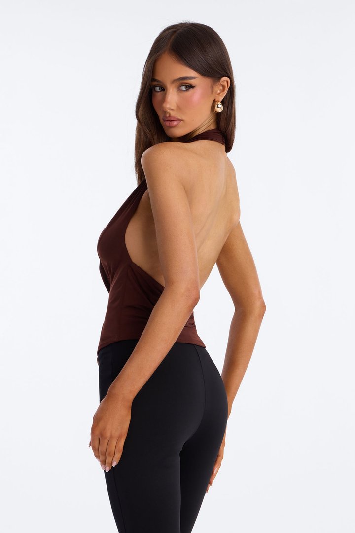 Golden Hour Cowl Neck Knot Halter Top - Brown