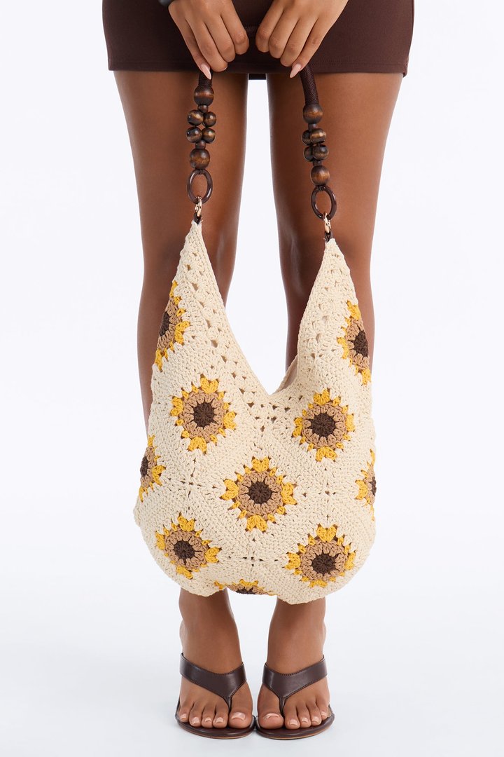 Sunflower Love Crochet Tote Handbag - Ivory/combo