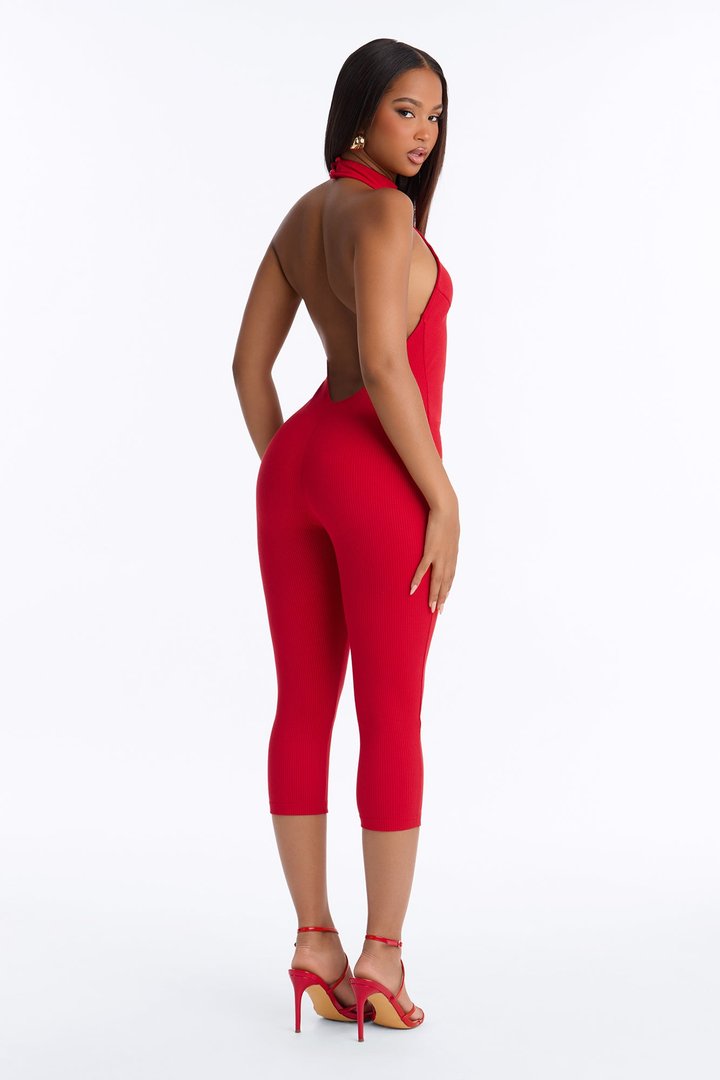Kaila Snatched Capri Halter Jumpsuit - Red