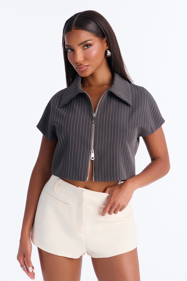 Maxine Front Zip Pinstripe Top - Charcoal/combo