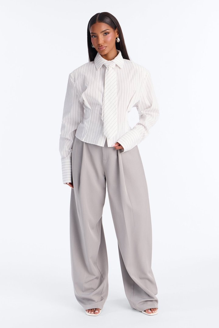 Feeling Studious Cinched Waist Long Sleeve Shirt - White/combo