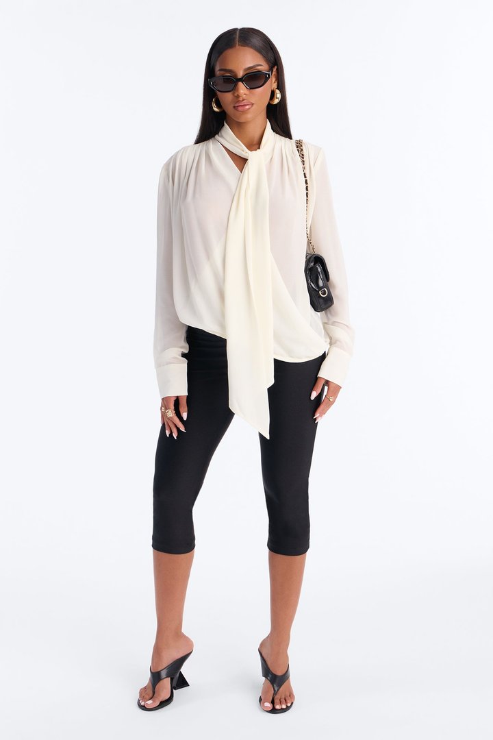 Juliette Chiffon Neck Tie Long Sleeve Top - Cream