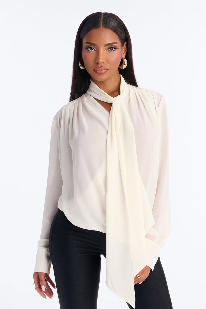 Juliette Chiffon Neck Tie Long Sleeve Top - Cream