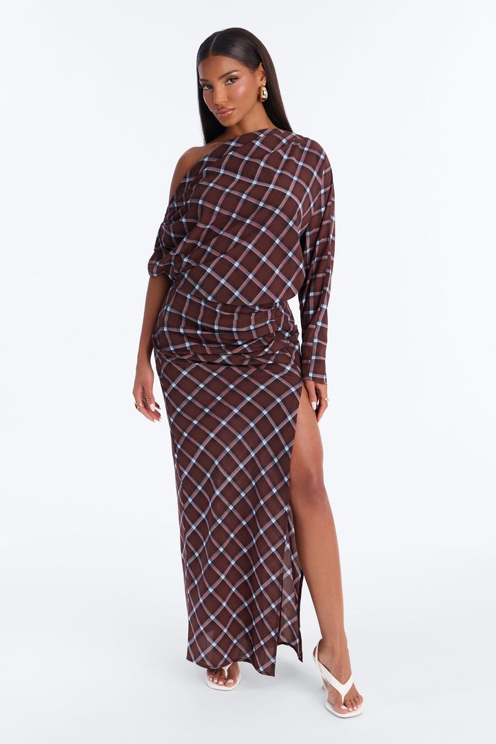 Madeline Plaid Chiffon Maxi Dress - Brown/combo