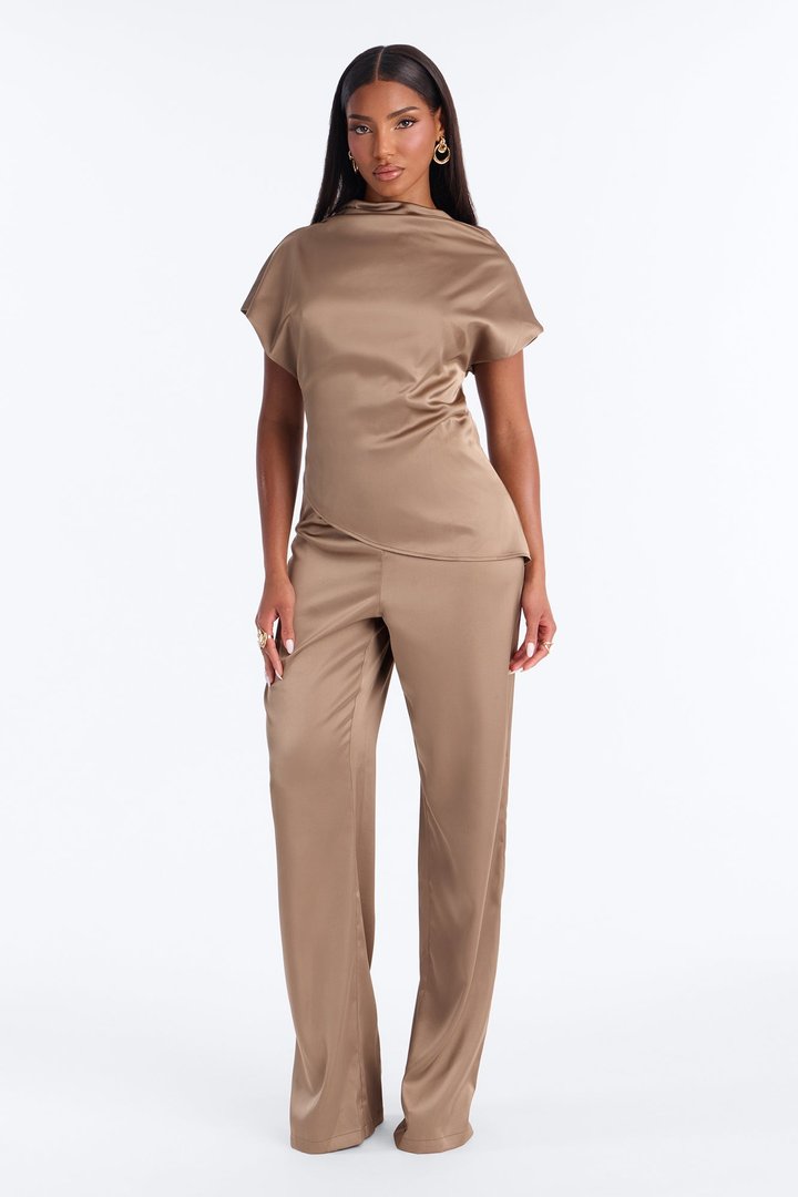 Francesca Satin Draped Jumpsuit - Mocha