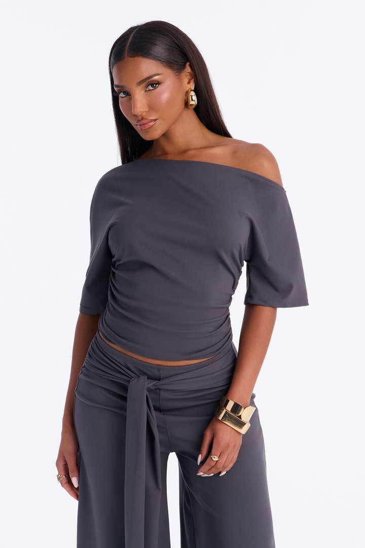 Amelie Tie Front Gaucho Pant Set - Charcoal