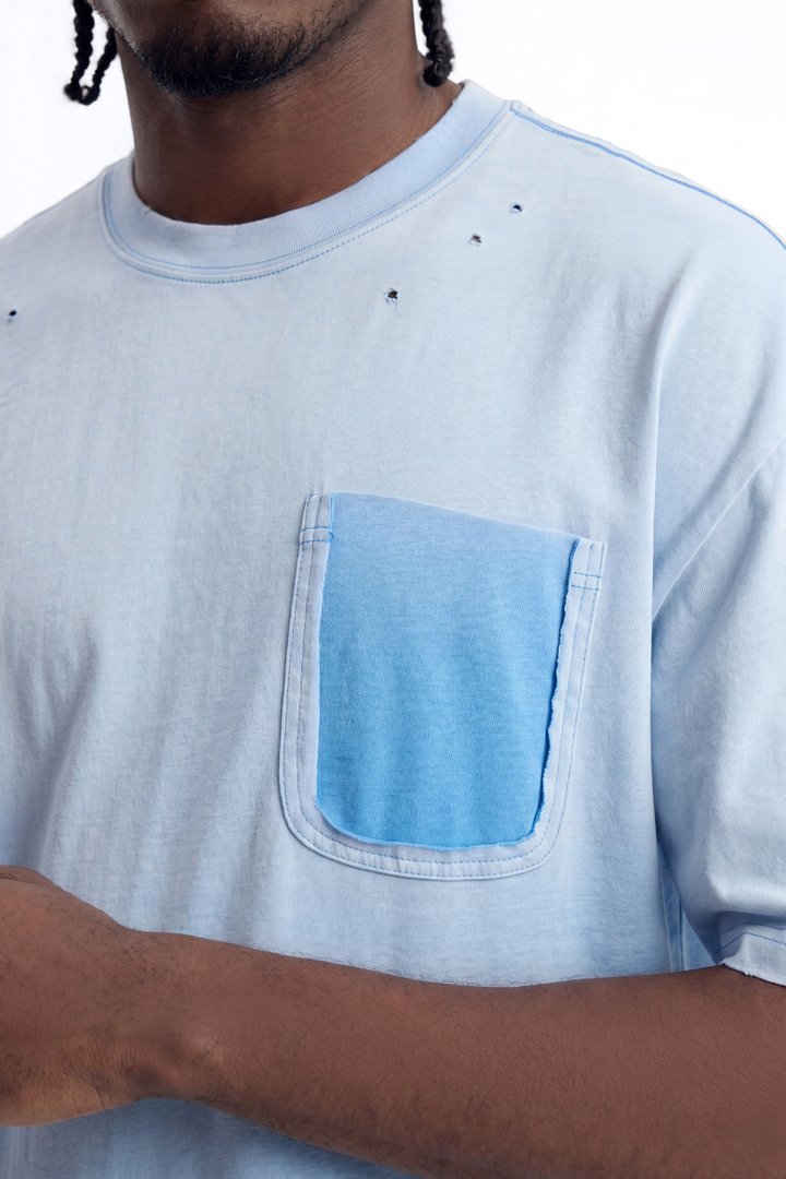 Inverse Pocket Wash Destructed Tee - Washed Blue