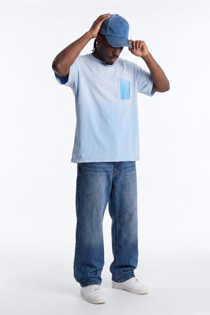Inverse Pocket Wash Destructed Tee - Washed Blue