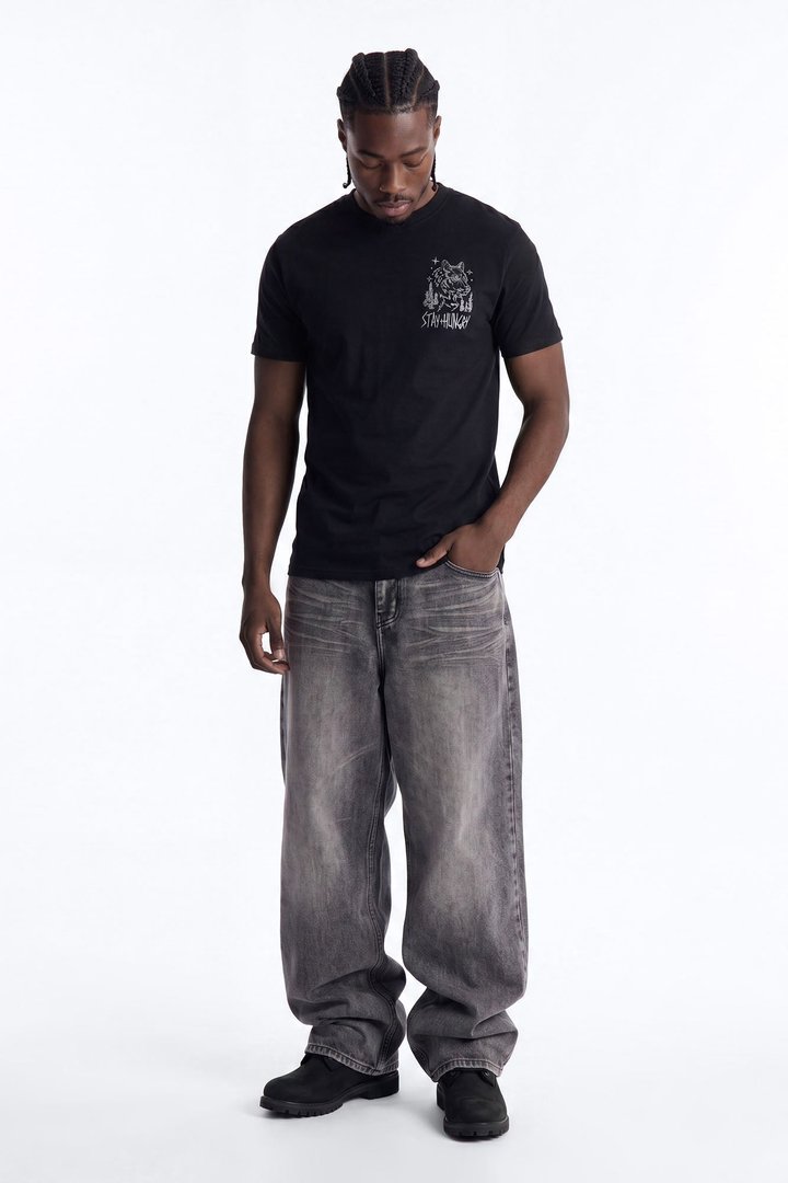 Stay Hungry Embroidered Short Sleeve Tee - Black