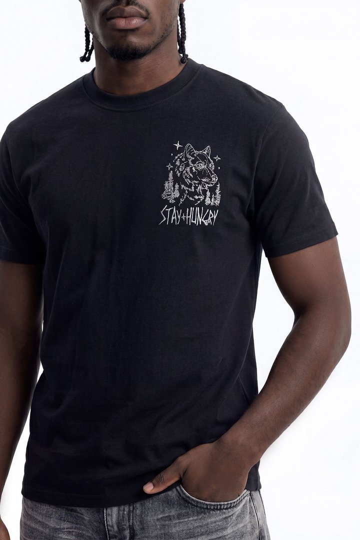 Stay Hungry Embroidered Short Sleeve Tee - Black