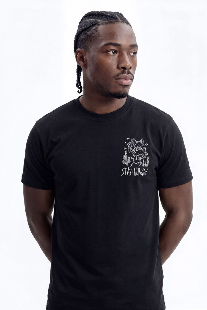 Stay Hungry Embroidered Short Sleeve Tee - Black