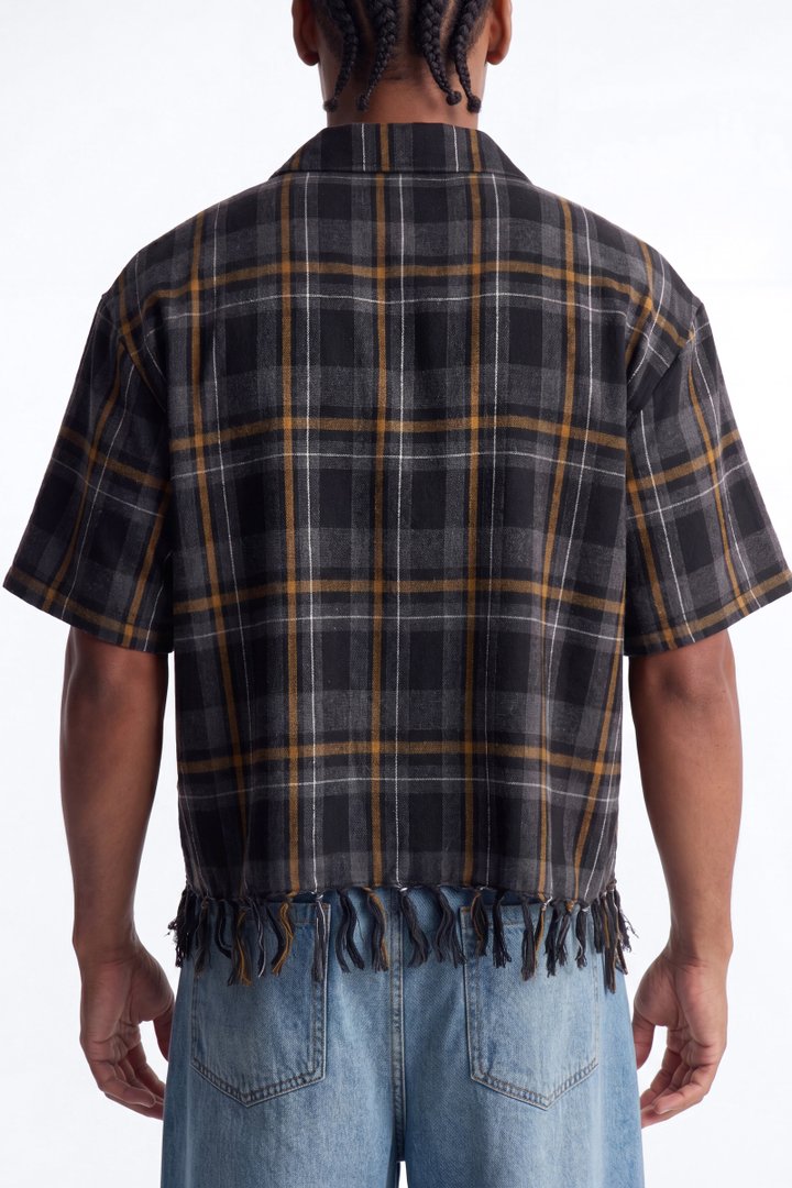 Crossed Paths Fringe Plaid Button Up Shirt - Black/combo