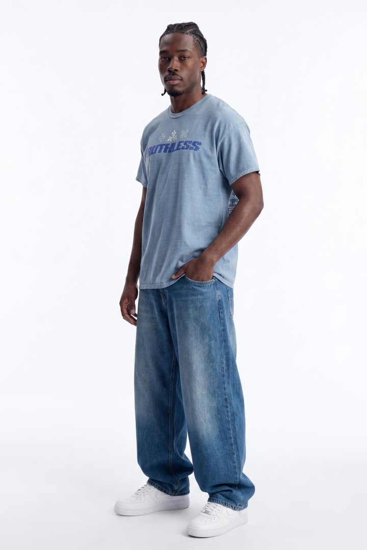 Ruthless Chaos Oversized Washed Short Sleeve Tee - Indigo