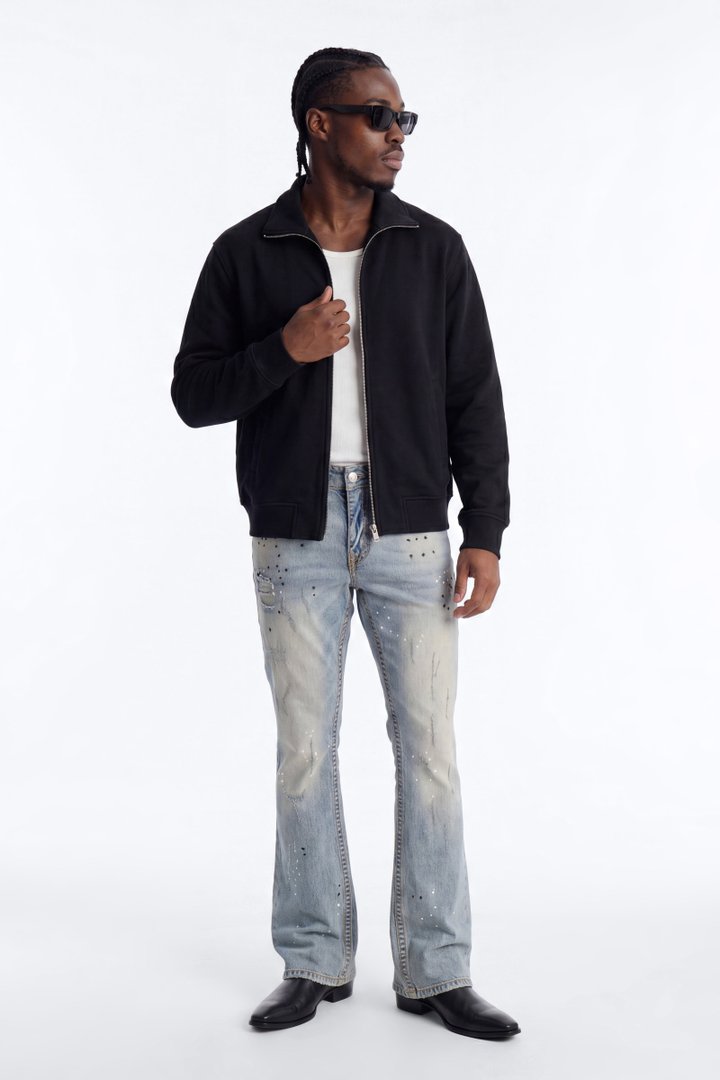 Heavy Stitch Splatter Stacked Skinny Flare Jean - Light Blue Wash