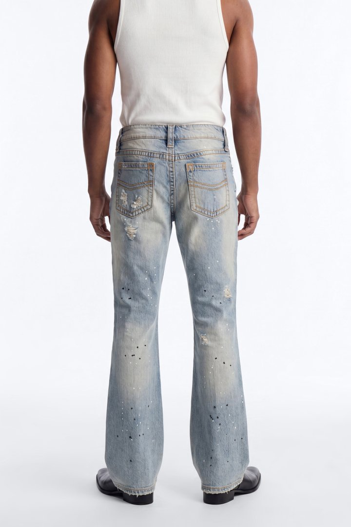Heavy Stitch Splatter Stacked Skinny Flare Jean - Light Blue Wash