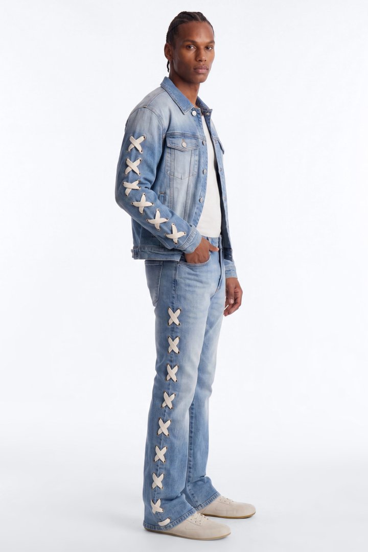 Stacked Slim Flare Lace Up Jean - Light Blue Wash