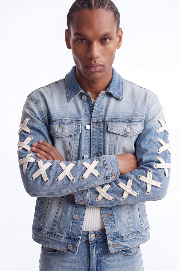 Lace Up Denim Trucker Jacket - Light Blue Wash