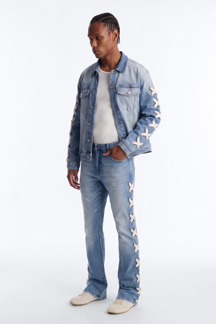 Lace Up Denim Trucker Jacket - Light Blue Wash