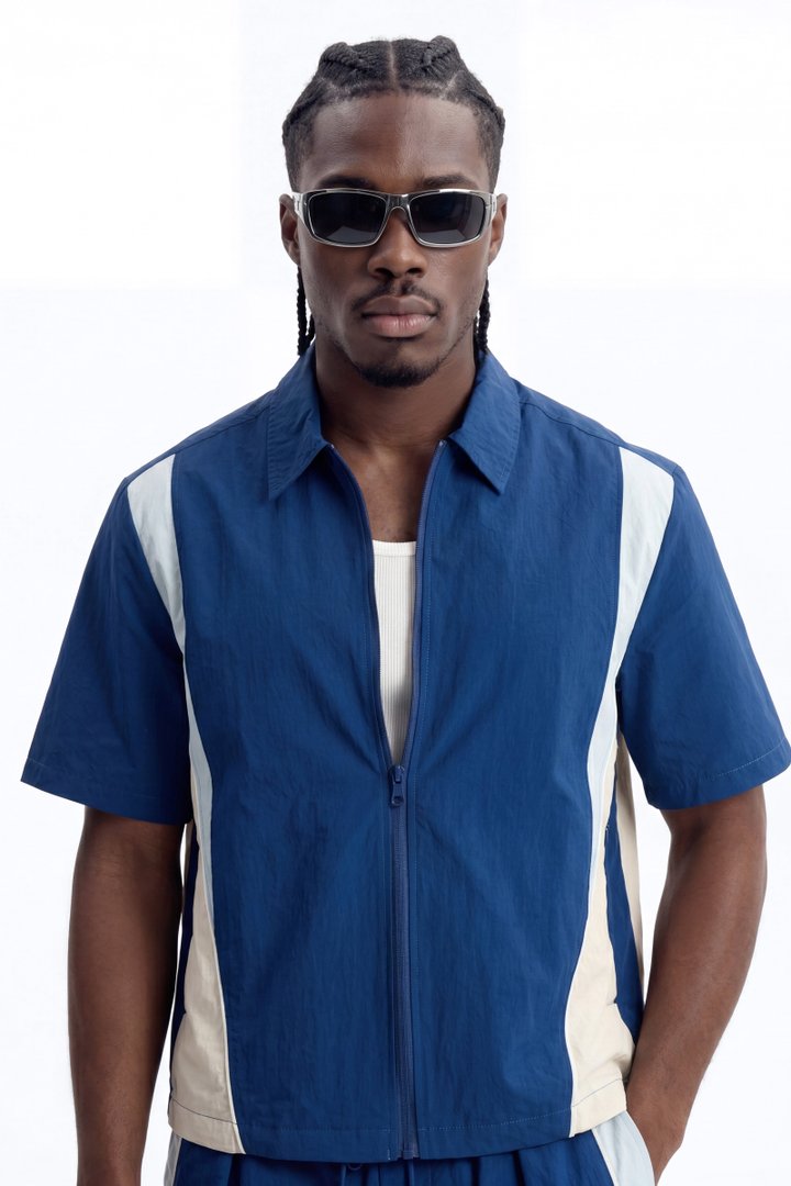 Relaxed Osaka Block Zip Up Shirt - Navy/combo