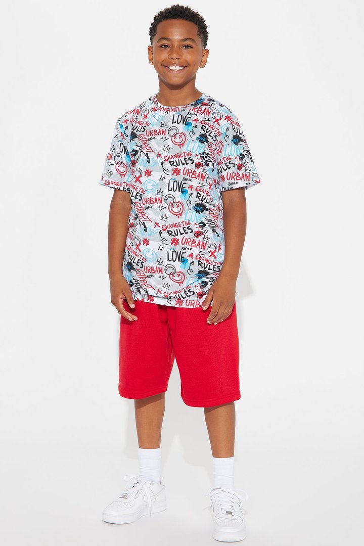 Mini Knit Screen & Fleece Short Set - Red/White