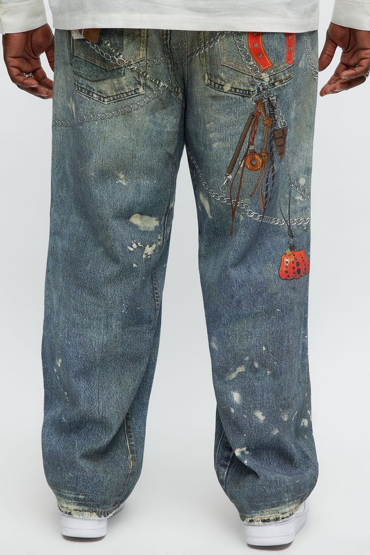 Baggy Rebel Printed Jeans - Medium Blue Wash