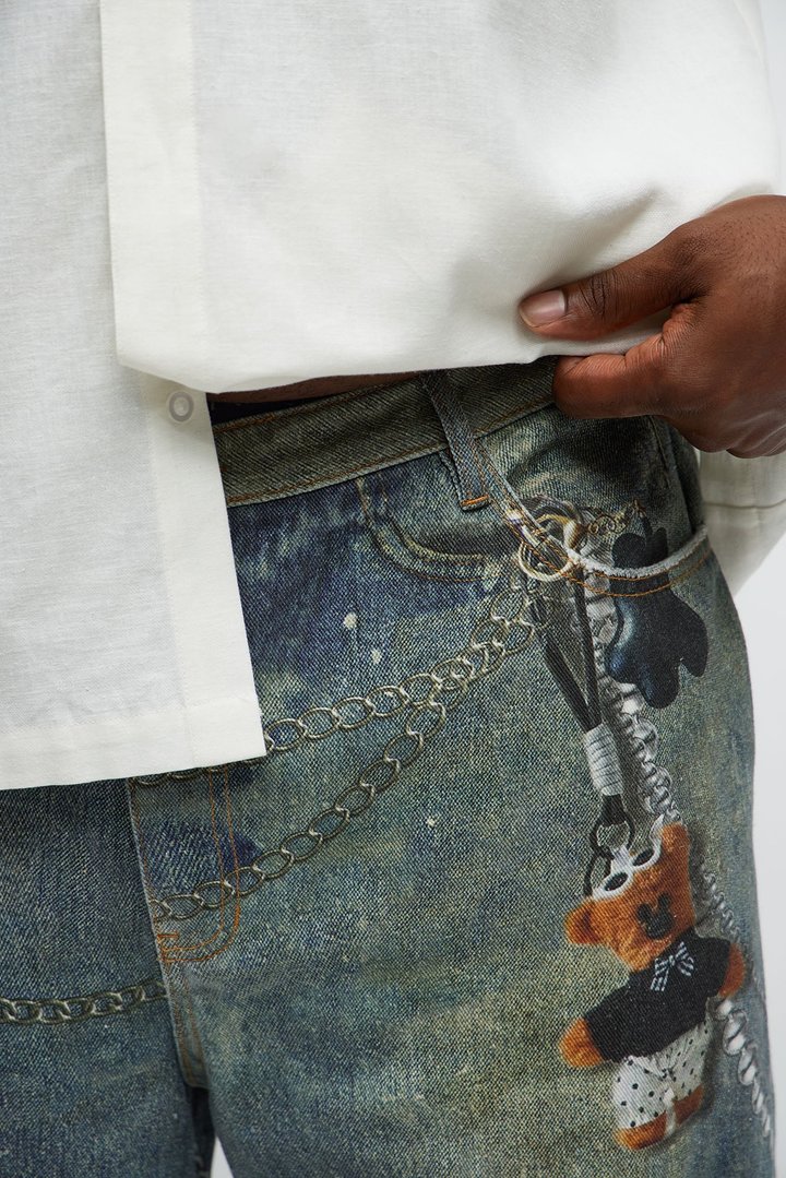Baggy Rebel Printed Jeans - Medium Blue Wash