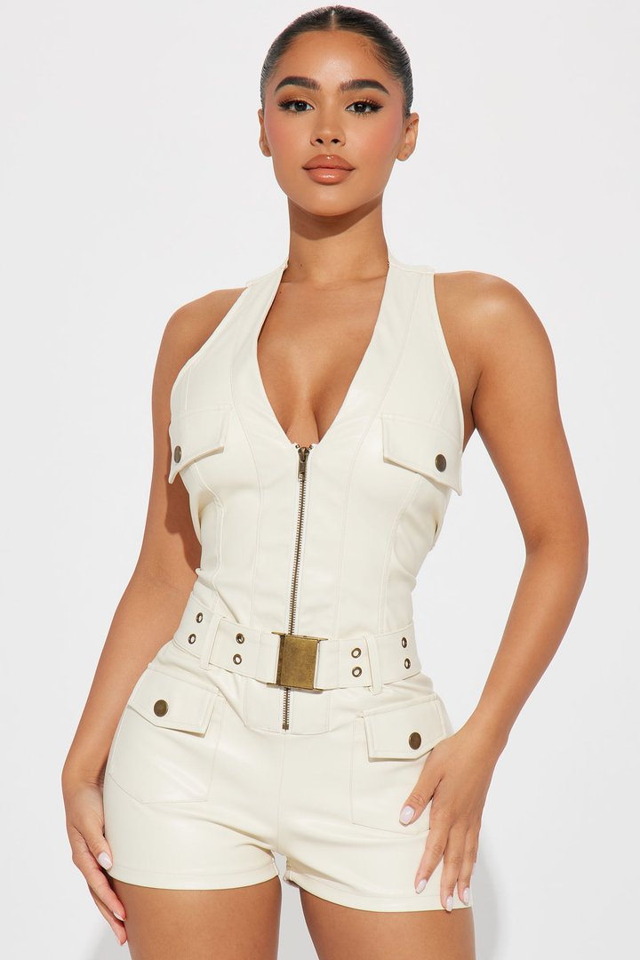 Feminine Energy Faux Leather Romper - Cream