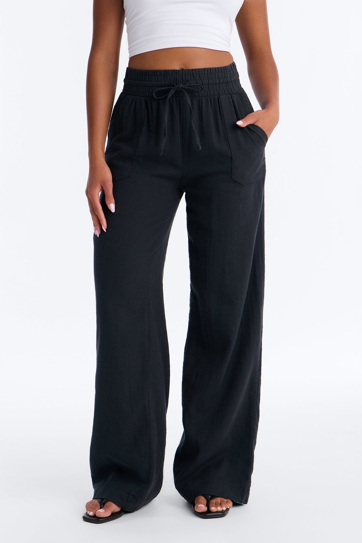 Amelie High Rise Drawstring Cotton Pant - Black