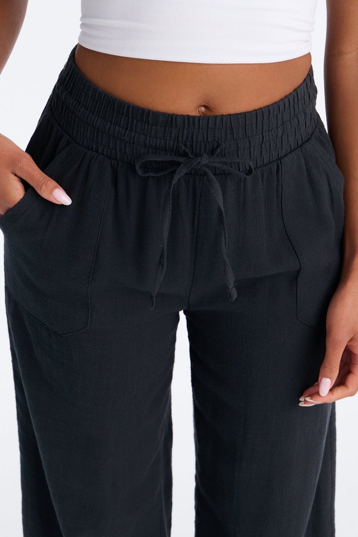 Amelie High Rise Drawstring Cotton Pant - Black