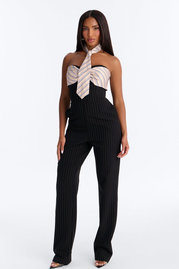Prepped And Ready Tie Pinstripe Jumpsuit - Black