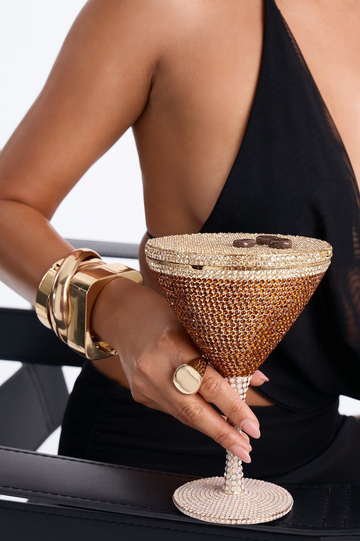 Espresso Martini Rhinestone Clutch Handbag - Gold/Brown