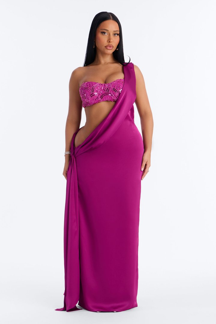Pure Elegance Draped Satin Gown - Raspberry