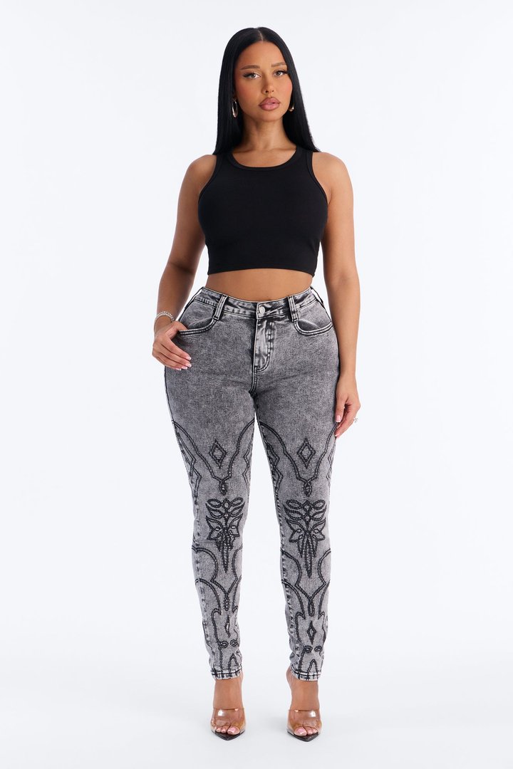 Nashville Showdown Embroidered Skinny Jeans - Acid Wash Grey