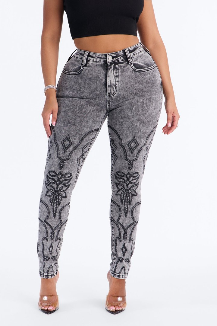 Nashville Showdown Embroidered Skinny Jeans - Acid Wash Grey