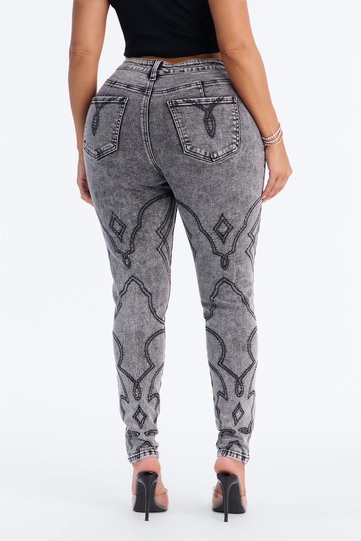 Nashville Showdown Embroidered Skinny Jeans - Acid Wash Grey