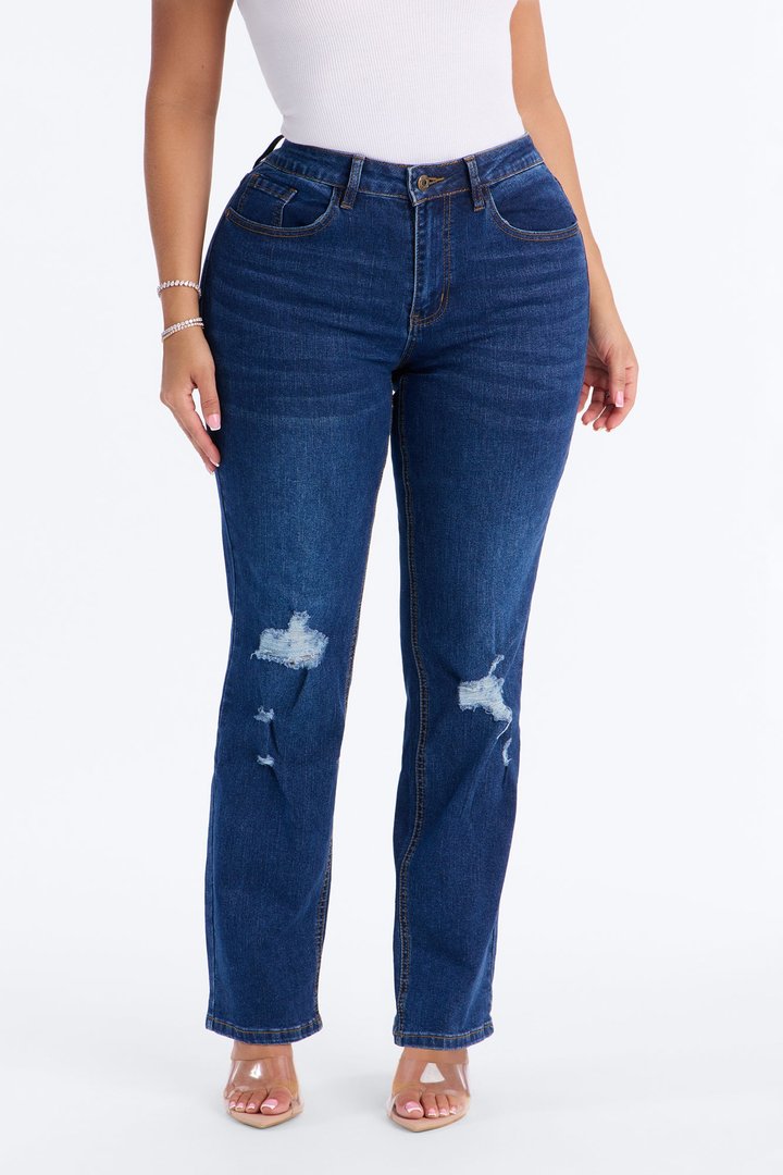 Beneath It All Ripped Ankle Straight Leg Jeans - Dark Wash