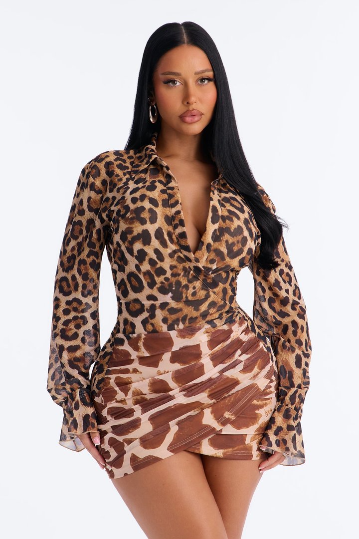 Rowan Collar Leopard Mesh Mini Dress - Brown/combo