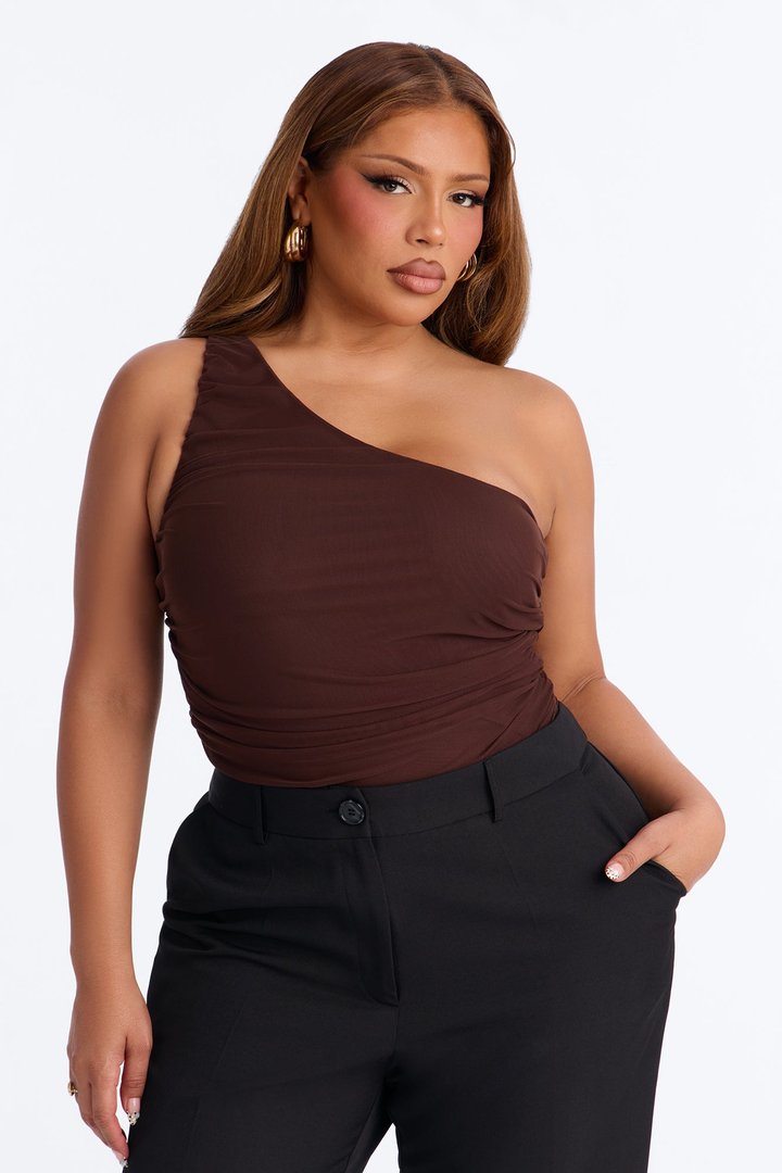 Riri Ruched One Shoulder Bodysuit - Brown