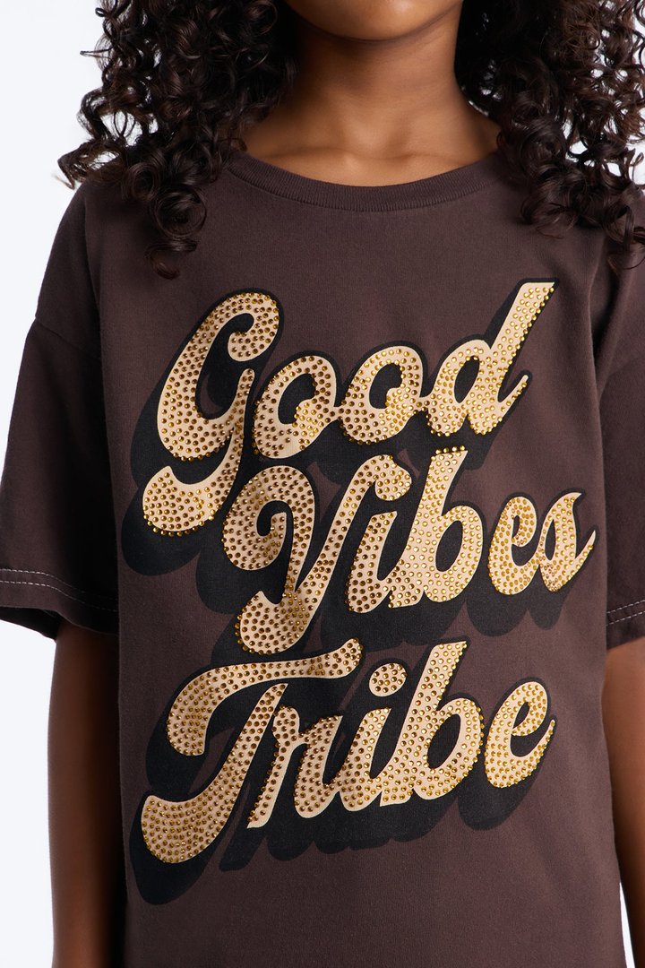 Mini Good Vibes Tribe Rhinestone Tshirt - Brown