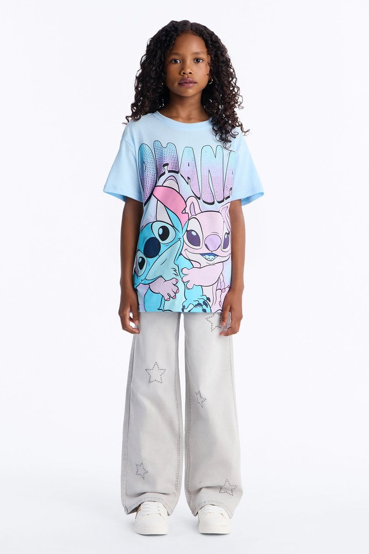 Mini Stitch And Angel Ohana Rhinestone Short Sleeve Tee - Light Blue