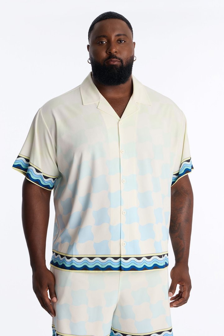 Relaxed Medina Geometric Tide Cuban Collar Button Up Shirt - Blue/combo