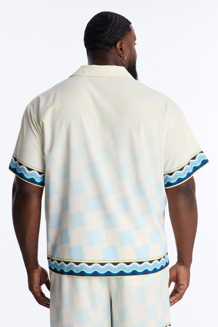 Relaxed Medina Geometric Tide Cuban Collar Button Up Shirt - Blue/combo