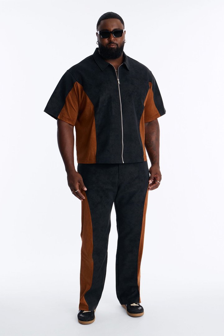 Boxy Faux Leather Paneled Zip Up Shirt - Brown/combo