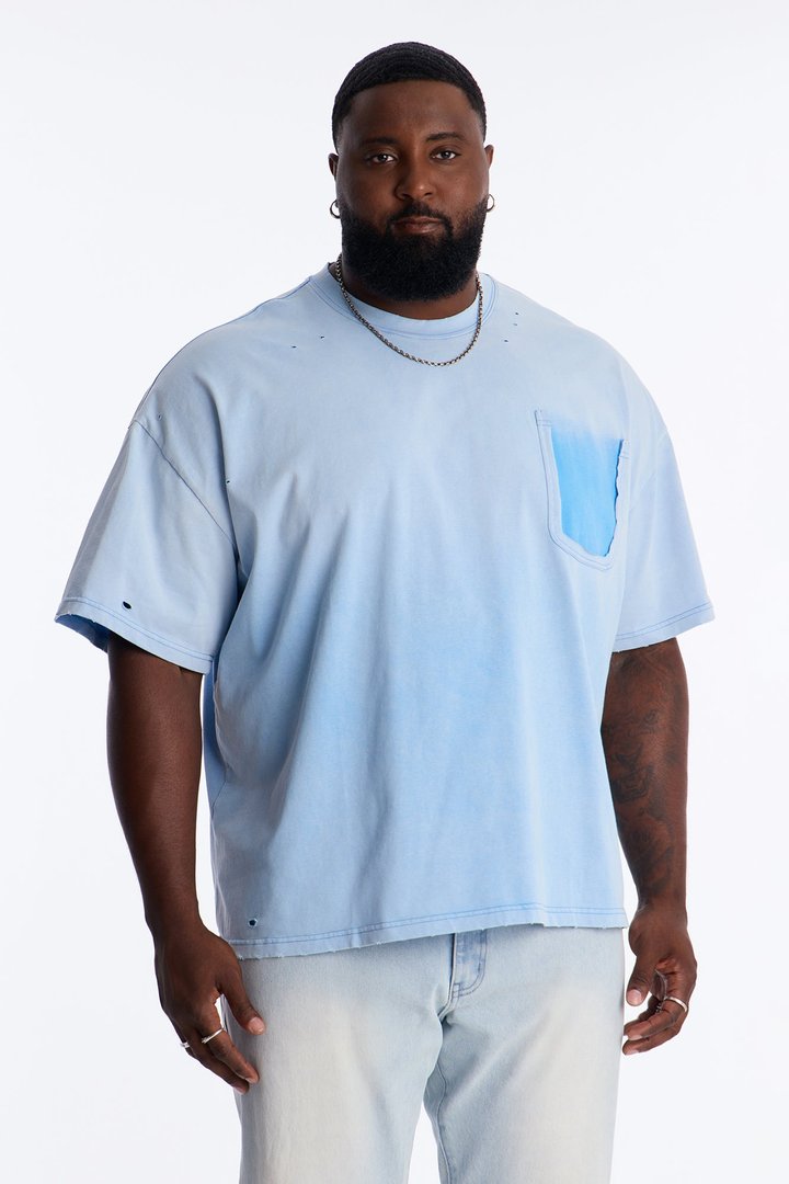 Inverse Pocket Wash Destructed Tee - Washed Blue