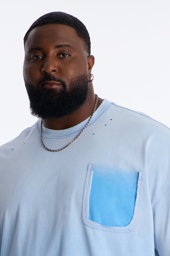 Inverse Pocket Wash Destructed Tee - Washed Blue