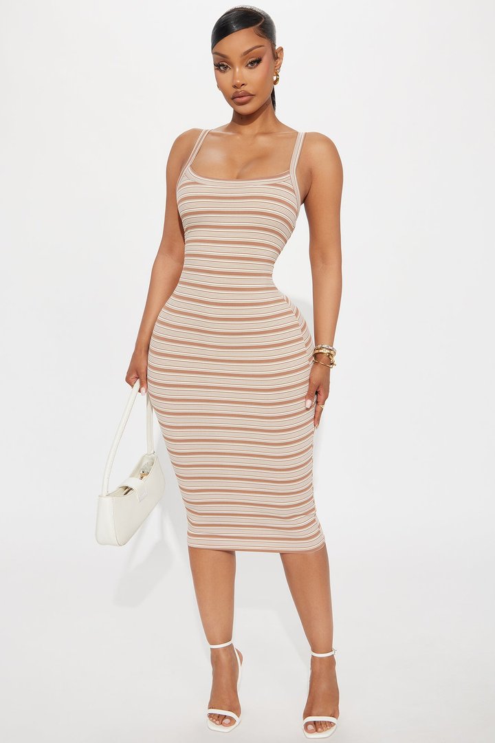 Jovana Striped Ribbed Midi Dress - Taupe/combo