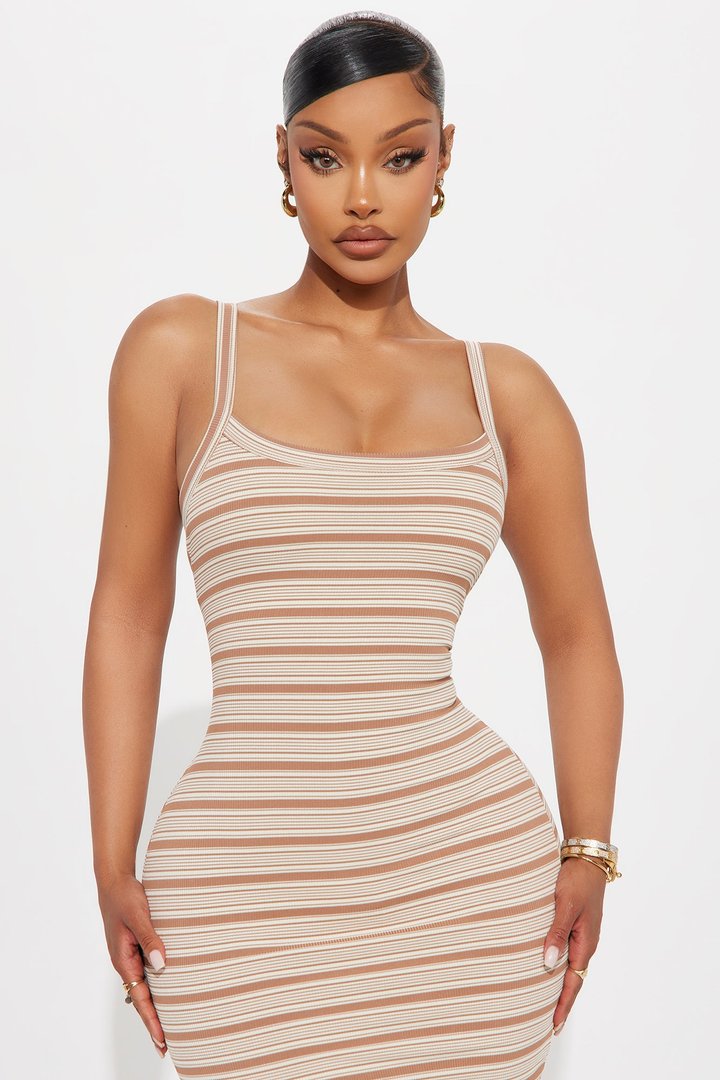 Jovana Striped Ribbed Midi Dress - Taupe/combo