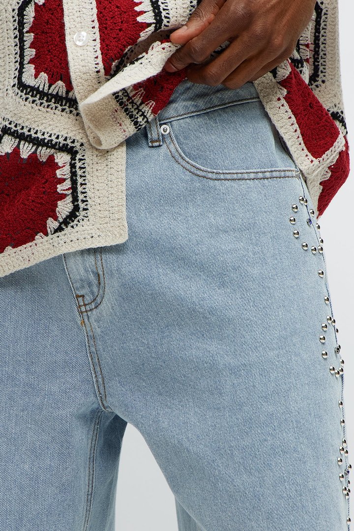Relaxed Come In Clutch Studded Denim Shorts - Light Blue Wash